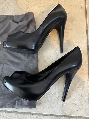 Michael Shannon Christy Shoes Pumps Heels Black Leather Peep Toe Womens Sz 8.5 M • $24.99