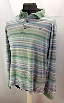 Lacoste Green Striped Vintage Long Sleeve Polo Pique Shirt Size 6 Medium (y243) • £14