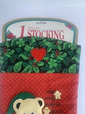 Vintage Christmas Stocking Teddy Bear Presents Holly Berries Stars Heart Franco • $15.99