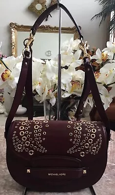 NWT Michael Kors CARY Grommet Burgundy Leather MD Saddle Shoulder Bag MSRP $398. • $186.99