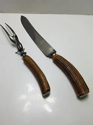 Antique Meriden Cutlery Co Horn Antler Bone Handle 2pc Carving Set Knife & Fork • $24.99