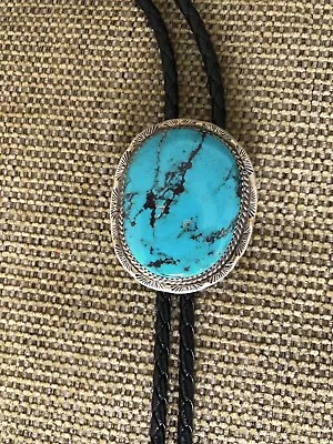 Vintage Large Oval Turquoise & Sterling Silver Bolo Tie Navajo Southwestern • $38