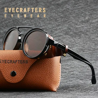 Mens Womens Sunglasses Vintage Steampunk Side Shields Leather Round Retro Shades • $13.99