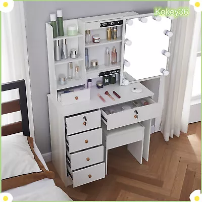 UK Dressing Table LED Makeup Desk 5 Drawers With Lights Sliding Mirror Stool • £151.76