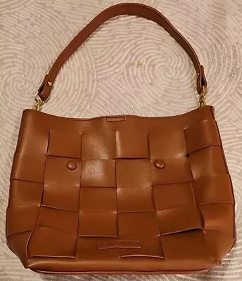 Melie Bianco Shoulder Bag Purse Brown Woven Faux Leather Removable Handle Medium • $49.60