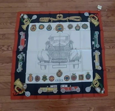 Authentic Vintage GUCCI Rolls Royce Silk Scarf Orange Trim 33”x 33  NWT Ref918 • $99.99