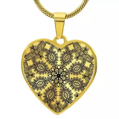 Graphic Heart Pendant + Necklace - Floral Henna Mandala • $39.95