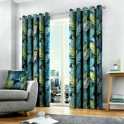 Fusion 100% Cotton Tropical Palm Leaf Print Lined Eyelet Curtains OR Cushions • £36.99