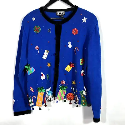 Vintage Ugly Christmas Cardigan Blue Beaded Presents Applique Sweater BEREK XL • $27.99