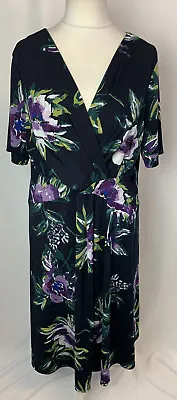 £12 • Buy JOHN ROCHA Ladies Dress Floral Midi Black Floral V Neck UK22 Short Sleeves C1220