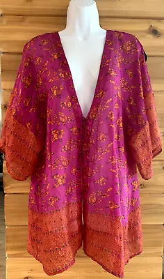 Natural Life Hot Pink & Orange 100% Silk Floral Front Tie Kimono Beach Cover • $23.99