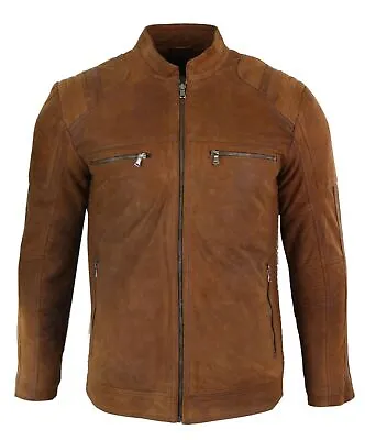 Mens Real Suede Leather Retro Vintage Camel Zip Biker Racing Jacket Nehru Collar • £137.49