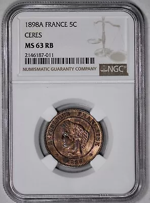 1898 A France 5c Ceres Five Centimes NGC MS 63 RB • $79