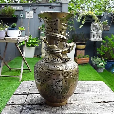 £65 • Buy Oriental Chinese Brass/bronze Vase Dragon Chasing The Pearl Makers Mark On Base 