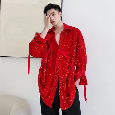 Fashion Mens Sequin Loose Shirt Button Down Tops Costume Glitter Red Clubwear • $32.54