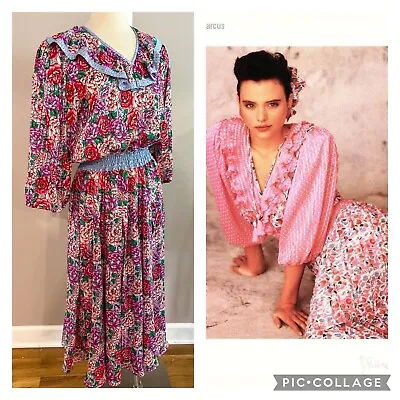 1980s Diane Freis Georgette Vintage Dress Floral Beaded • $140