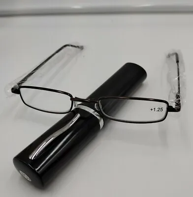 DOUBLETAKE Unisex Reading Glasses(+ 1.25) Slim Brown Metal Frame/Black Clip Case • $8