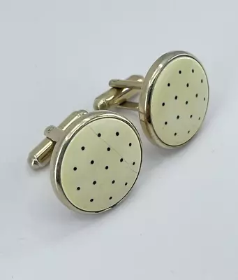 Vintage Mens Cufflinks Round Gold Tone Glass Polka Dot Design Bullet Back • $12