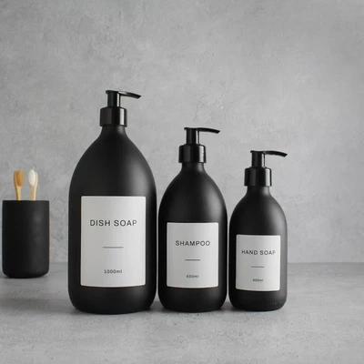 £11.99 • Buy Matte Black Glass Labelled Refillable Bottle With Black Plastic Pump Dispenser