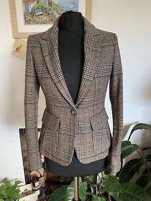 ZARA Checked Brown Tweed Wool Mix Hacking Jacket Blazer Elbow Patches - Size S • £39.99