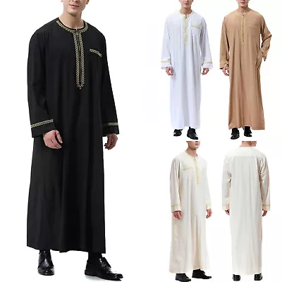 Mens Jubba Kaftan Dishdash Thobe Saudi Arab Muslim Long Sleeve Maxi Robe New • £13.88