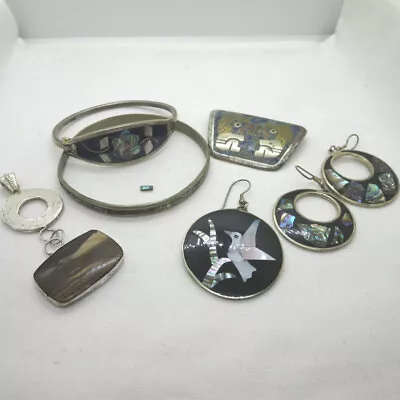 Vintage Jewelry Craft Lot Mixed Alpaca Sterling Stone Inlay 77g • $79