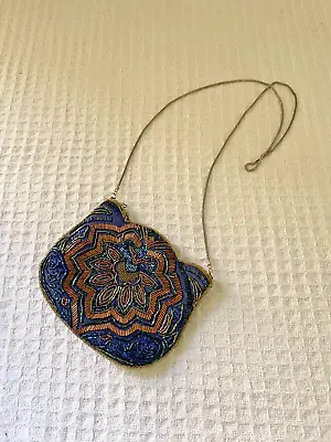 $14.99 • Buy VINTAGE LA REGALE Beaded Purse Evening Navy Blue Bag With Gold Long Chain Zip