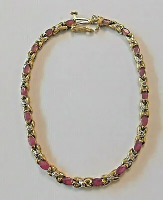 Vintage 10K Yellow Gold Natural Ruby & Diamond Set Line/Tennis Bracelet 7 Inches • $499