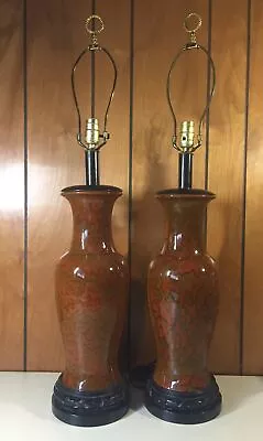 Pair Vintage MCM Baluster Vase Red Brown Lava Drip Glazed Lamp Asian Base • $325