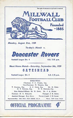 Millwall V Doncaster Rovers 31 August 1959 Division 4 Vgc • £1.75