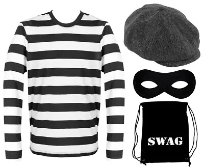 Adult Burglar Costume Robber Fancy Dress Long Sleeve Stripe Top Hat Eyemask • £15.99