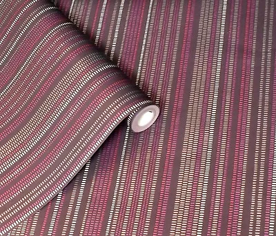 £10.99 • Buy Plum, Raspberry & Silver, 1950's Retro, Dash Dot Stripe Wallpaper 