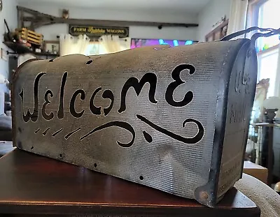 Vintage MID CENTURY 1940s Rural Galvanized Farmhouse Mailbox Plasma Cut WELCOME~ • $115