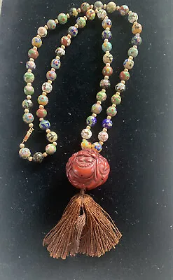 Vtg Cloisonné Necklace Triple Carved Wood Buddha See Hear Speak No Evil Tassel • $76