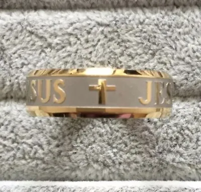 Jesus Cross Ring 18k Gold Plated Stainless Steel High Quality 8mm Size O NEW • £5