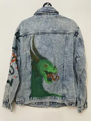New Look Denim Jacket Blue Custom Painted Dragon 90’s Look Size 10 • £16
