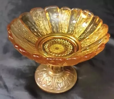 Vintage Amber Glass Soap Dish Trinket Flower Metal Pedestal Mcm Boho Retro Decor • $50