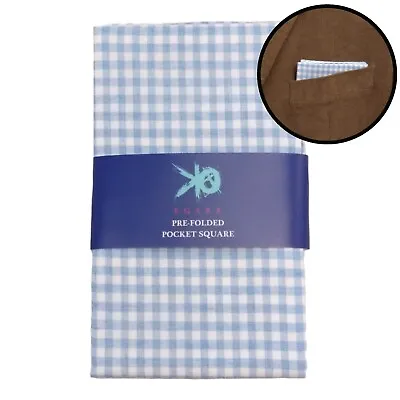 EGARA Mens Pre Folded Pocket Square Blue Gingham Check 100% Cotton Handkerchief • $11.88