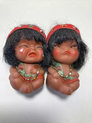 Vintage Moody Cuties Crying Pouting Native American Rubber Beaded Kid Dolls 2 • $18