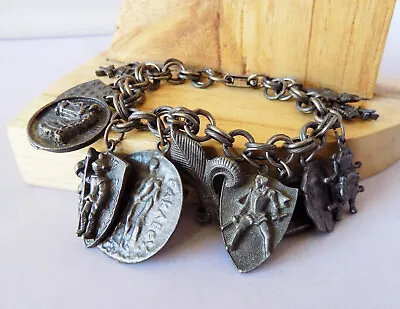 Vintage Knight Fleur De Lis Silver Tone Chunky Charm Bracelet Ancient Royal • $65