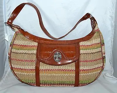 M.C. Brown Green Red Crochet With Faux Croc Trim And Maltese Cross Shoulder Bag  • $24.99