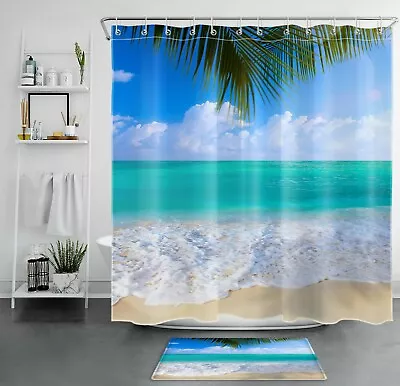 Ocean Beach Palm Tree Shower Curtain Seascape Tropical Bathroom Accessories Set • $10.99