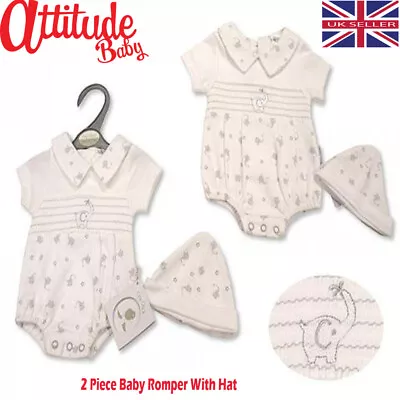 £5.99 • Buy Premature Baby Romper-Smocked Romper With Hat-Plus Newborn-3-6 Months-White-Grey