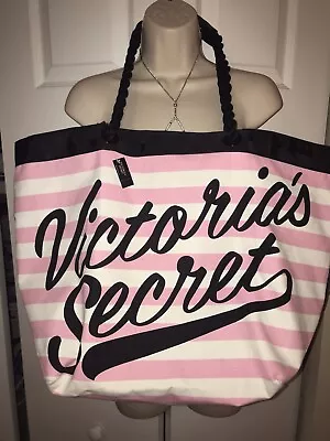 Victoria’s Secret Signature Stripe  Getaway Beach Tote Bag NWT Inside Pocket $58 • $38.99