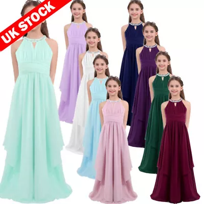 UK Girls Bridesmaid A-Line Halter Dress Birthday Party Princess Prom Ball Gown • £29.74