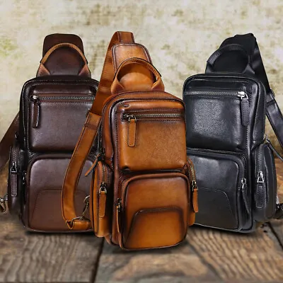 Men Sling Bag Genuine Leather Handmade Vintage Crossbody Bag Shoulder Purse • $140
