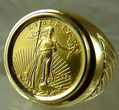 1992 Five Dollor USA Coin Man's 14K Gold Ring Sz 9½ Modern Style Exec Condition • $995