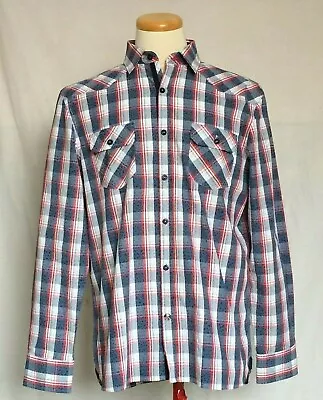 John Lennon English Laundry Button Shirt Large Plaid Blue White Red Long Sleeve • $29.26