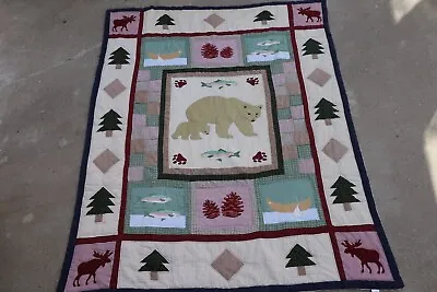 Bear Fish Lodge Cabin Mountain Style Bedspread 83.5 X 64 RN59757 • $29.99