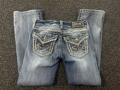 Miss Me Denim Jeans 25 X 27 Boot Cut Stitch Jewel Pocket Distressed Wear Buckle • $26.24